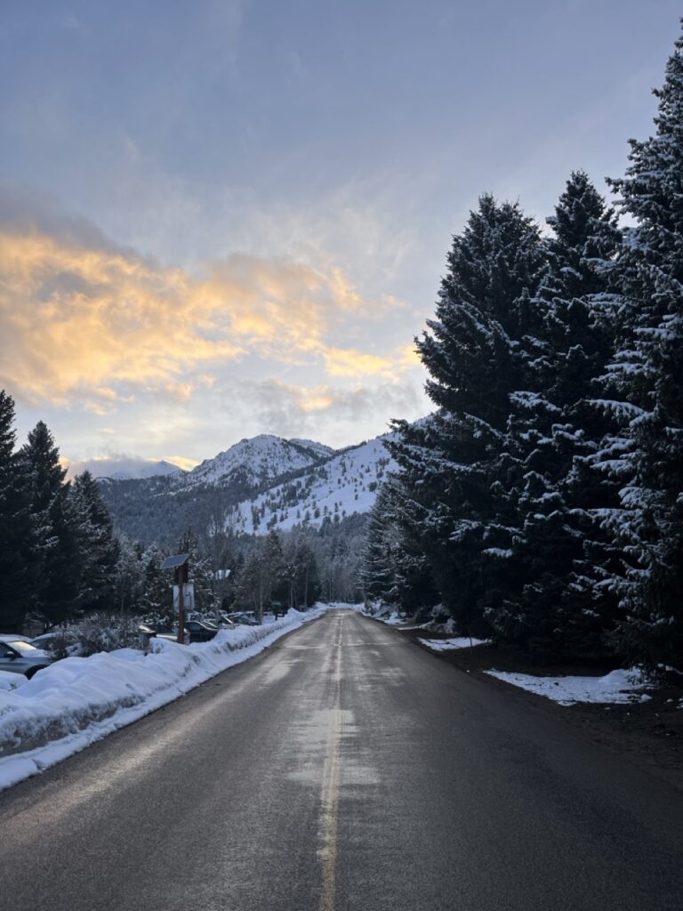 sunset over the road in the mountains