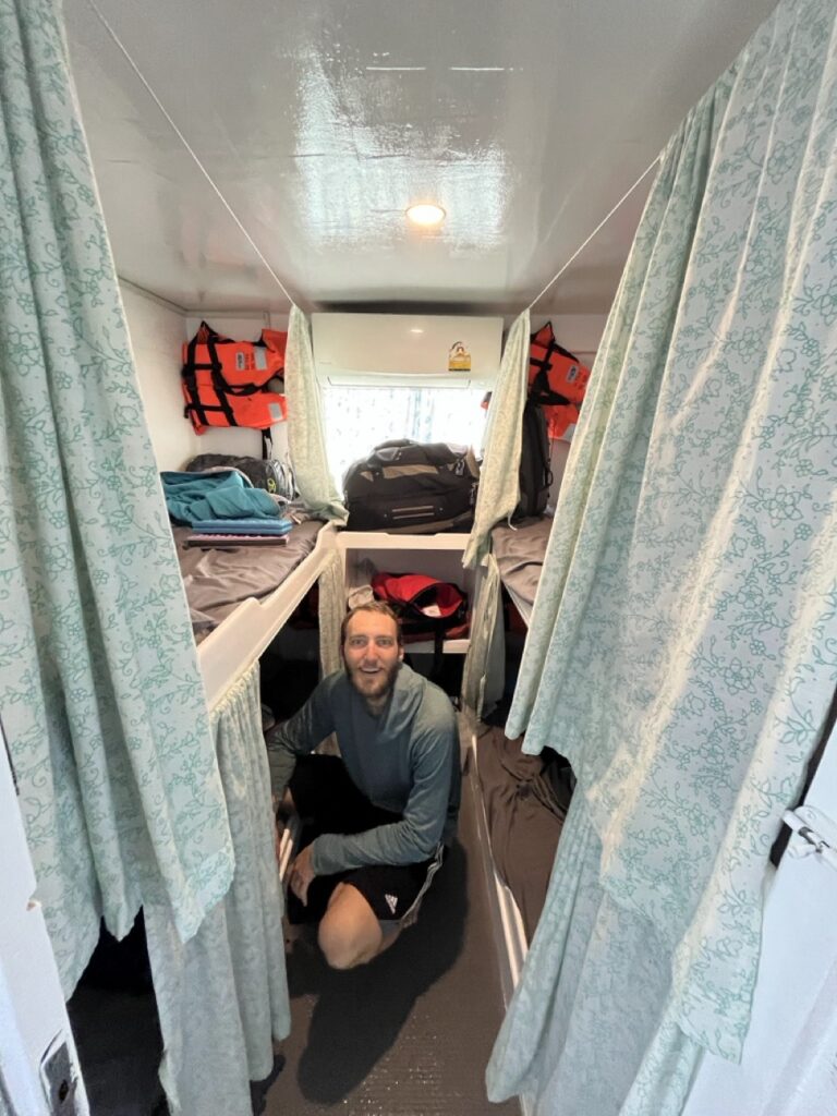 The 4 person cabin is cozy in the boat